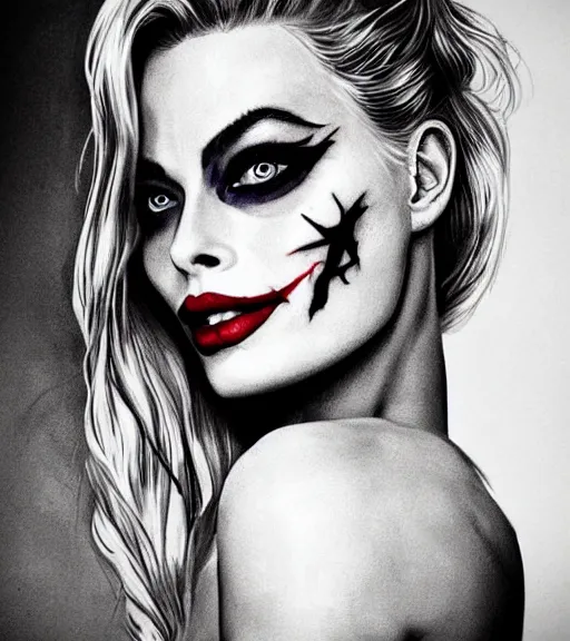 Image similar to tattoo design sketch of beautiful margot robbie portrait with joker makeup, in the style of den yakovlev, realistic face, black and white, faded outline, realism tattoo, hyper realistic, highly detailed