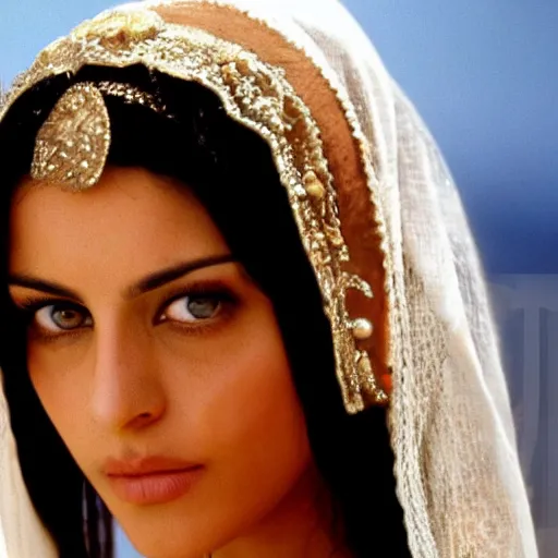 Image similar to young Monica Belluci as an Arab woman, tanned skintone, bright blue eyes, white veil, portrait