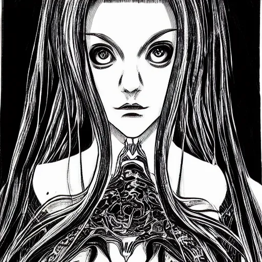 Prompt: portrait of a beautiful woman, gothic, high detail, drawing by junji ito