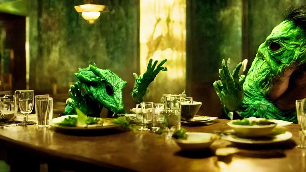 Image similar to the strange creature in the restaurant likes to eat, made of Chlorophyll and oil, film still from the movie directed by Denis Villeneuve with art direction by Salvador Dalí