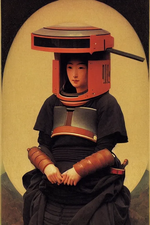 Image similar to portrait of a astronaut in samurai helmets an ancient human species, single person, by bouguereau