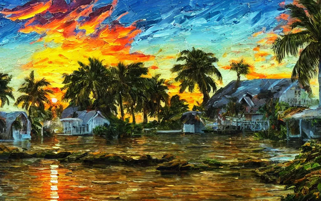 Image similar to a tiny island surrounded by water with a cozy cottage, with a paved garden courtyard with benches, palm trees, river, sunset, puffy clouds, dramatic and dynamic lighting, thick brush strokes oil impasto painting