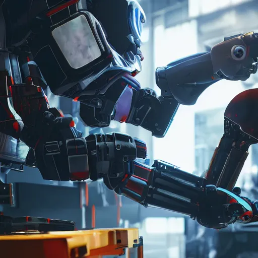 Image similar to a closeup shot of a robot being repaired in warehouse,cyberpunk,2077,big mecha,gundam,realistic,8k