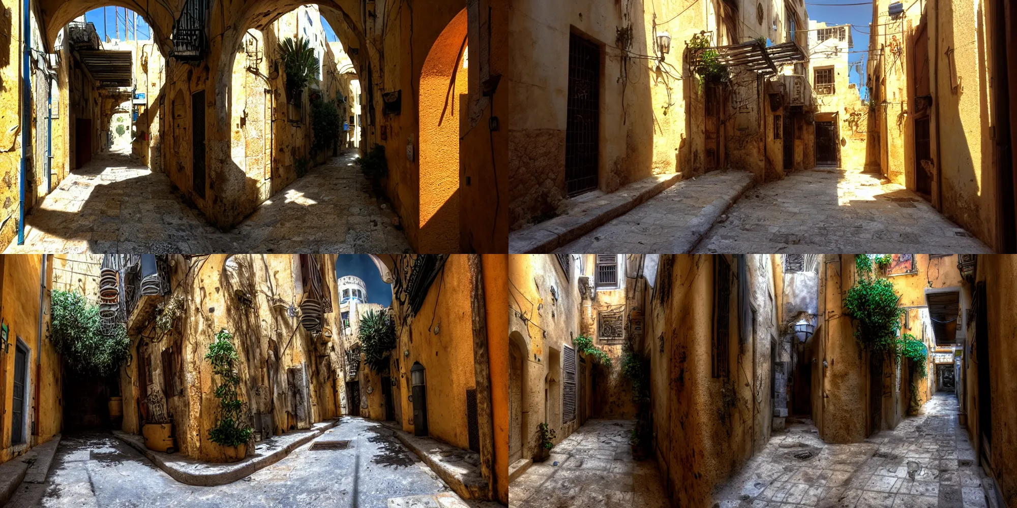 Prompt: concept artwork stylized old jaffa heavily overgrown alleys contrast shadows