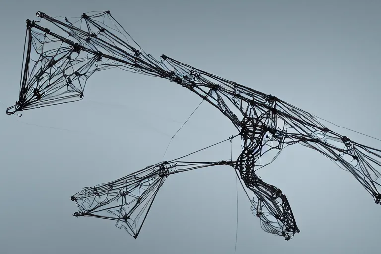 Image similar to an immaculate cel shaded rendering of an enormous biomechanical cyber strandbeest dragonfly in flight. high key lighting. by theo jansen by alberto baisi