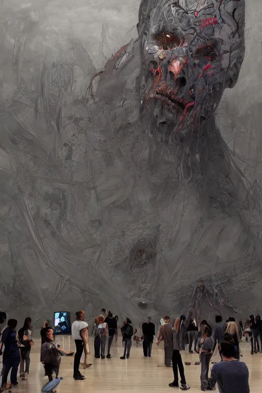 Prompt: people looking at a large graffiti painting in a contemporary museum, dark, intricate, highly detailed, smooth, artstation, digital illustration by moebius and james jean and Artgerm and yoshitaka Amano and Greg Rutkowski and Zdislav Beksinski