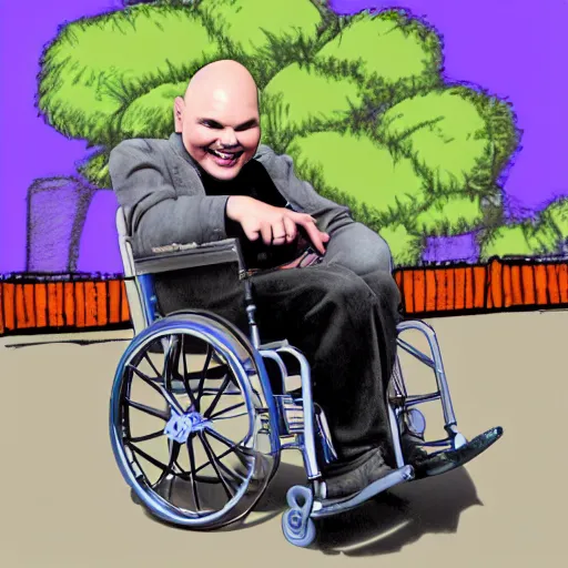 Image similar to billy corgan in an old man's wheelchair in front of an amusement park, laughing, smiling at child's photograph, realistic photo, photoshop, cartoon drawing, hand drawn, digital cartoon, caricature