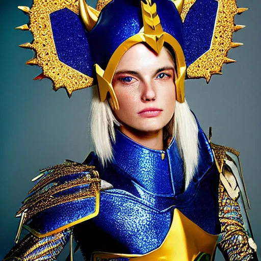 Prompt: close up headshot of a woman in elaborate blue and gold armor with spiked horns on her helmet, cosplay, photoshoot, photograph by Bruce Weber