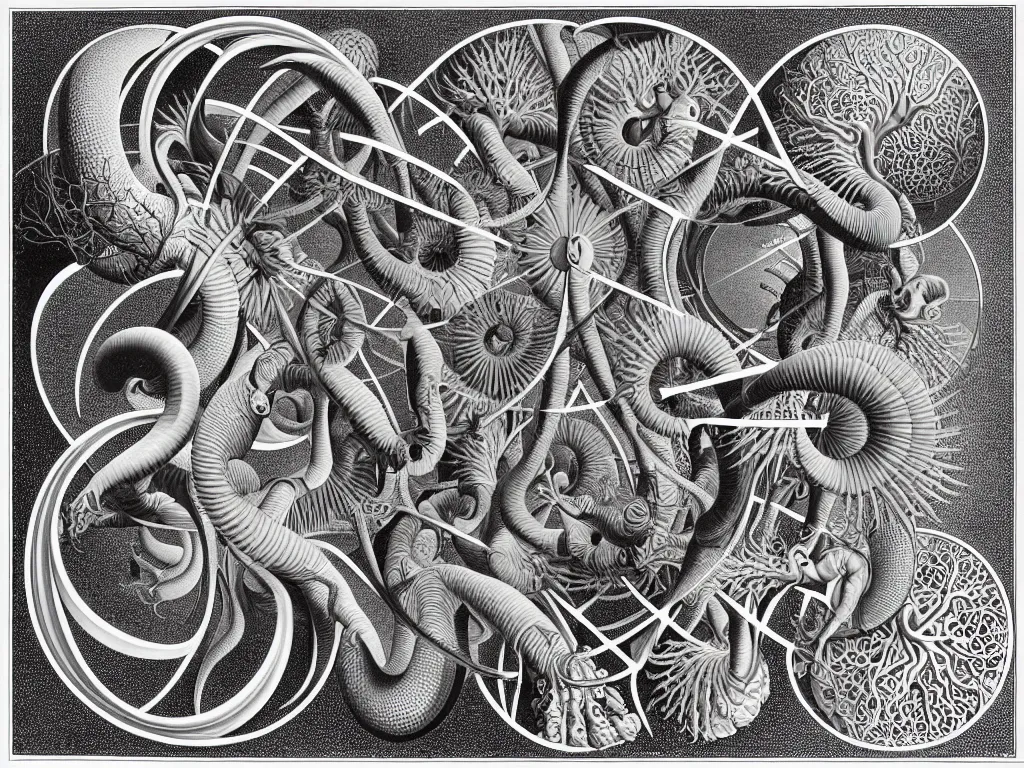 Image similar to platonic, neo surrealism, art by ernst haeckel and daniel martin diaz and mc escher