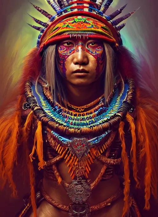 Image similar to portrait of yang yang, hyper detailed ultra sharp aztec shaman warrior. trending on artstation, warpaint aesthetic, bloodwave, colorful, psychedelic, ornate, intricate, digital painting, concept art, smooth, sharp focus, illustration, art by artgerm and greg rutkowski and h. r. giger, 8 k