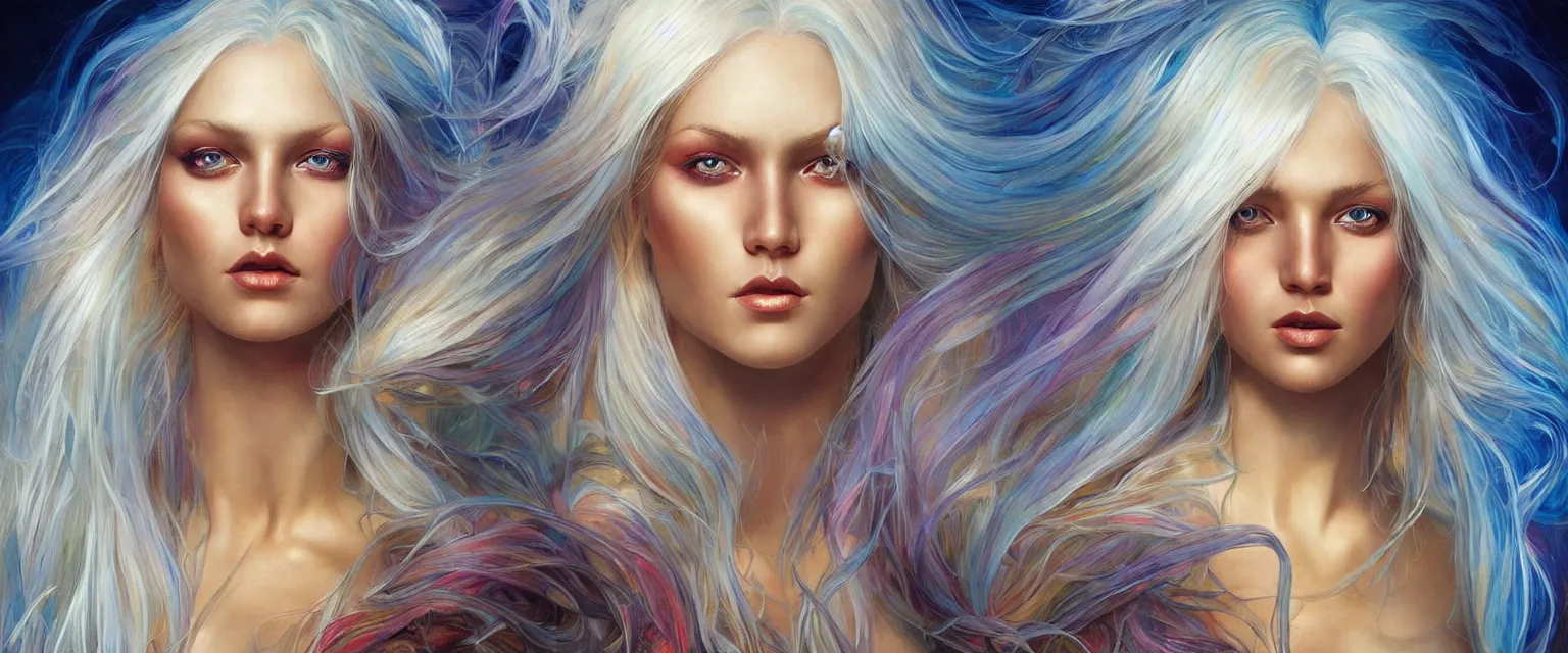 Image similar to a highly detailed symmetrical full body painting of a rainbow colored skinned beautiful woman with pure white hair flowing in dynamic lighting, ambient lighting, deviantart, art by artgerm and karol bak and mark brooks h