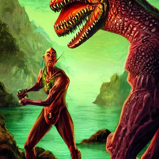 Prompt: bright, colorful, realistic, detailed from Elder Scrolls: shivering isles concept green daedroth aligator man full body backlighting, kodachrome, high contrast, highly detailed, sharp focus, digital painting, concept art, illustration, trending on artstation, comic book by Alex Ross and Adam Adamowicz cover art