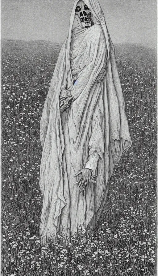 Prompt: grim reaper with no face at distance in beautiful meadow of flowers, detailed pencil illustration by gustave dore, highly detailed, centered, high resolution, smooth, sharp focus, illustration