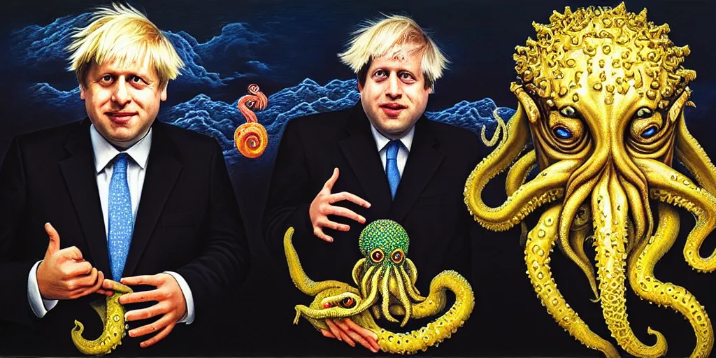 Image similar to rishi sunak and boris johnson and cthulhu in heaven, abstract oil painting by gottfried helnwein pablo amaringo raqib shaw zeiss lens sharp focus high contrast chiaroscuro gold complex intricate bejeweled