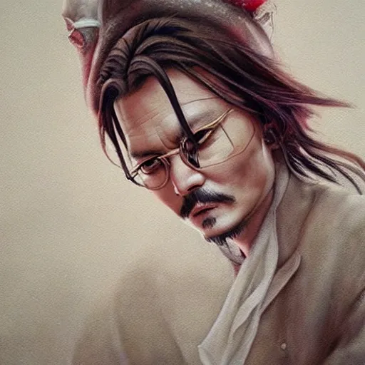 Image similar to johnny depp wearing a cake, warm fantasy, wenjun lin, studio ghibli, artgerm