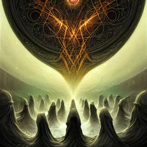 Image similar to a highly advanced quantum computer!!! a dark cabal of multiple hooded elven mystics in long robes gathered in a circular formation around a quantum computer, advanced technology, dan seagrave, michael whelan art, beautifully detailed epic scifi art, symmetrical, cgsociety, artstation