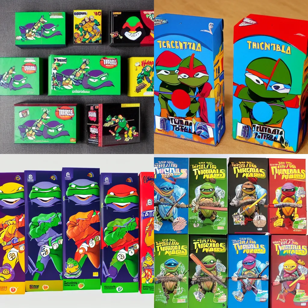 Prompt: a set of cereal boxes featuring the Teenage mutant Ninja turtles
