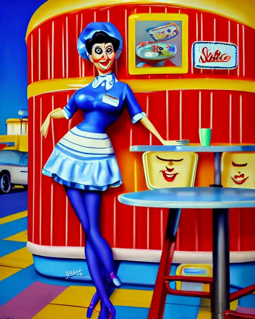 Image similar to closeup profile face profile portrait of a tin toy schlitzie as a waitress in a diner, bikini, hyper realistic, artstation, illustration, concept art by dan decarlo, digital paint, matte paint, vivid colors, bright, cheerful, detailed and intricate environment