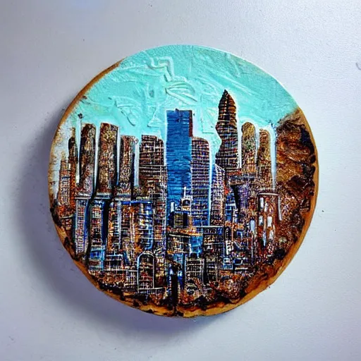 Image similar to oil on styrofoam crust - painting with melt of the city of atlanta skyline with symbolic filigree