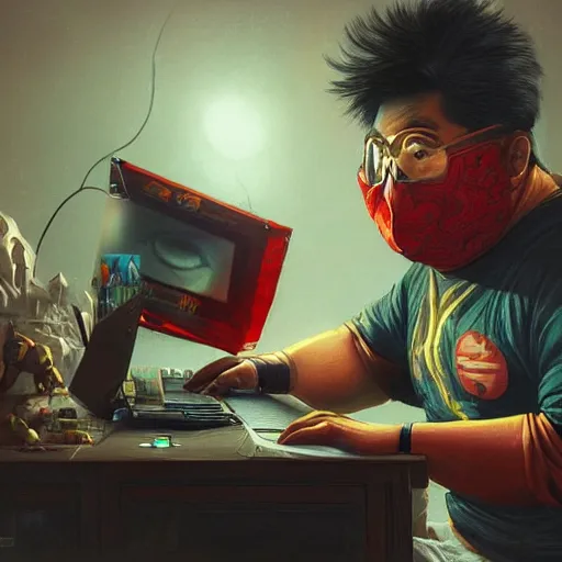 Image similar to an insanely detailed painting of a chubby nerdy asian man wearing a homemade superhero costume and mask, sitting at a computer desk typing on the keyboard, in the style of peter mohrbacher, dramatic lighting and composition, trending on artstation, concept art, comic book, graphic novel, back view