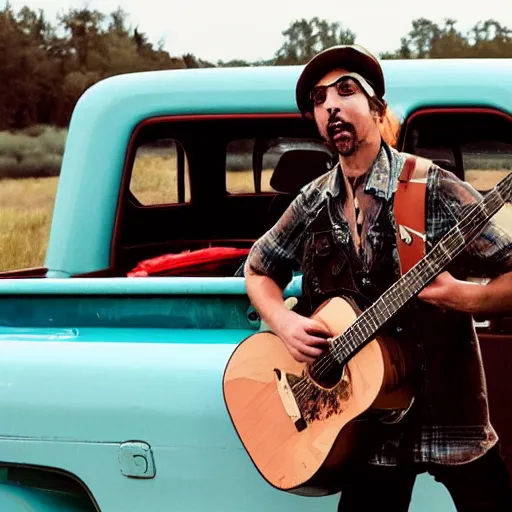 Image similar to A folkpunk brown hound dog playing the guitar, in front of a pickup truck, after the apocalypse