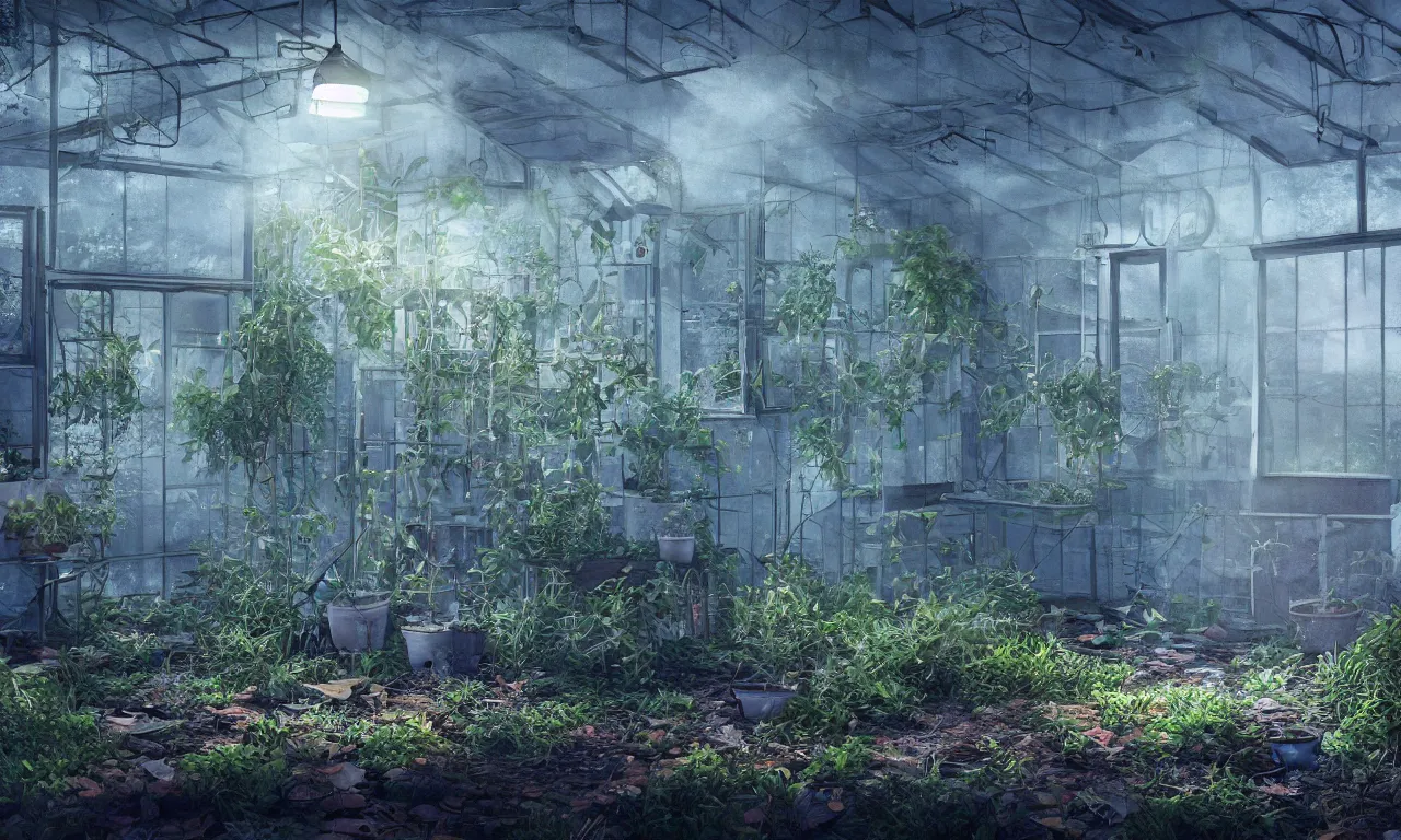 Prompt: broken greenhouse with dead plants at night time, table in the center, artstation, wallpaper, dark blue volumetric light.