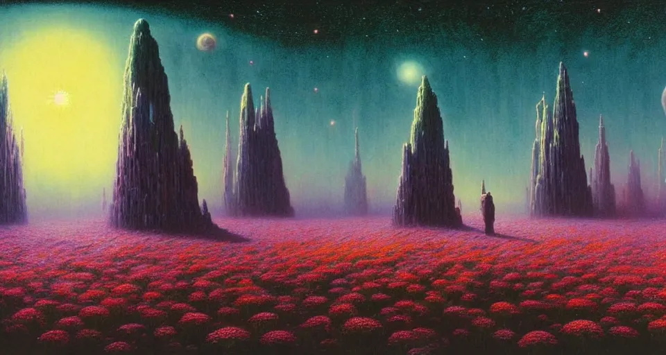 Image similar to a beautiful cinematic view of a large up close 3 d mystical alien shrine in a field of multicolored flowers, underneath a star filled night sky, harold newton, zdzislaw beksinski, donato giancola, warm coloured, gigantic pillars and flowers, maschinen krieger, beeple, star trek, star wars, ilm, atmospheric perspective