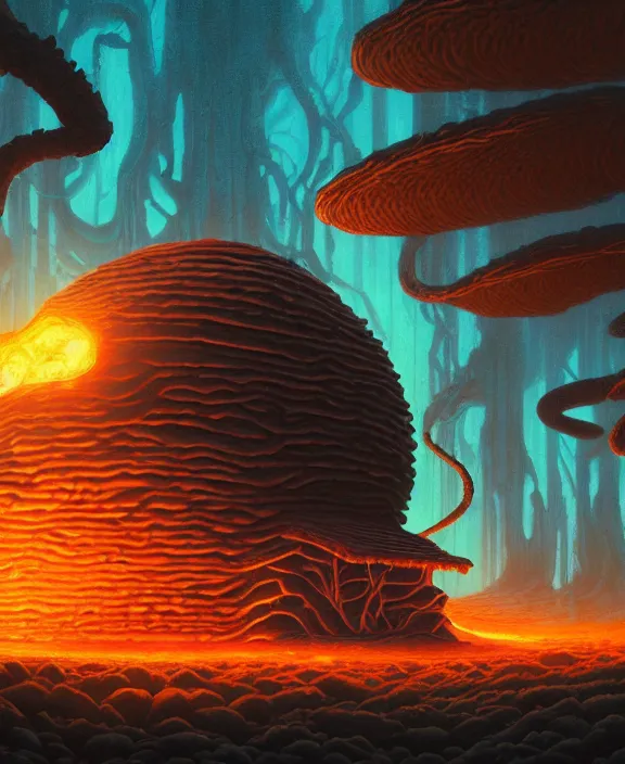 Image similar to a simple cabin made out of exotic fungus, weird simple fungus and tendrils, spaceship, sci - fi, robots, somber, partly cloudy, hell, fire, brimstone, lava, by dan mumford, yusuke murata, makoto shinkai, ross tran, cinematic, unreal engine, cel shaded, featured on artstation, pixiv