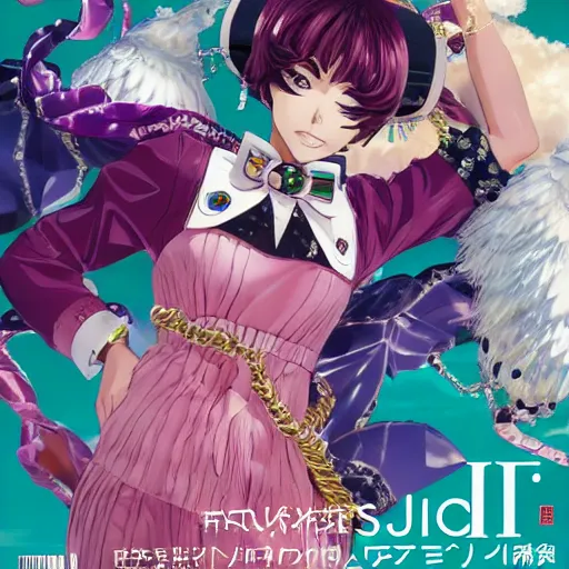 Image similar to Magazine Cover Anime key visual of a Gucci girl; official media; typography; drawn by Hirohiko Araki; Jojo's Bizarre Adventure; Jojolion, portrait, made by Stanley Artgerm Lau, WLOP, Rossdraws, James Jean, Andrei Riabovitchev, Marc Simonetti, Yoshitaka Amano, ArtStation