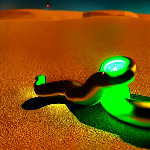 Image similar to a robot snake with glowing green light in the desert, octane render, 3D, accurate