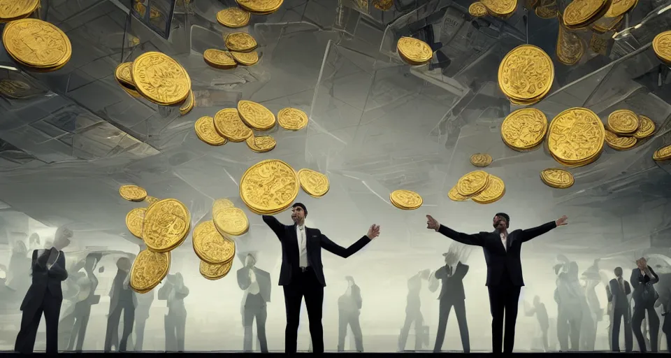 Image similar to Dramatic photo of a man in a suit waving to a large group of people in a futuristic office. Golden coins are levitating all around them. 8k, high detail, trending on Artstation, volumetric lighting, cyberpunk