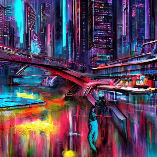 Prompt: The river of time, painting in cyberpunk style