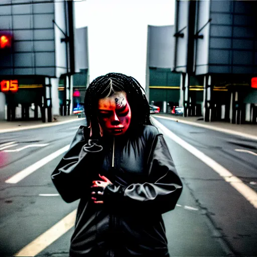 Image similar to Cinestill 50d candid extreme wide shot of a poor techwear mixed woman wearing makeup crying outside of a futuristic city on fire, cyberpunk, tattoos, homeless tents on the side of the road, military police, extreme long shot, desaturated, full shot, action shot, blurry, 4k, 8k, hd, full color