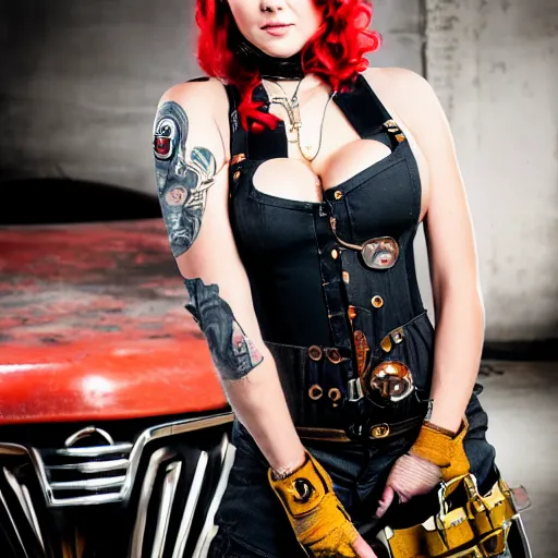 Image similar to portrait photo of a mechanic steampunk beauty, 8 k, masterpiece, pinup, highly detailed, smooth, sharp focus