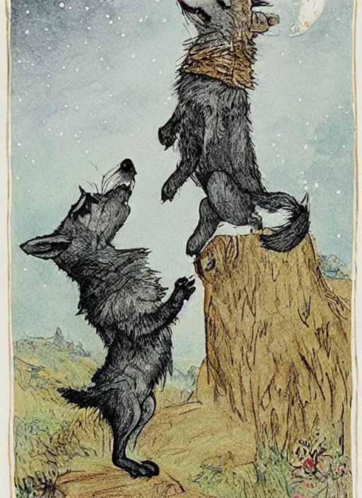 Image similar to howling at the moon, illustrated by peggy fortnum and beatrix potter and sir john tenniel