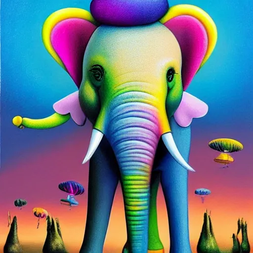 Prompt: a surreal picture of a rainbow - coloured elephant by mark ryden insanely quality, elegant, highly detailed, digital painting, artstation, concept art, pop, smooth, sharp focus, illustration, art by mark ryden and lisa frank and dali 3 d 8 k ultra detailed