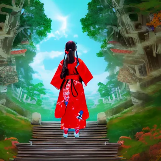 Prompt: drawing of a shrine maiden, young beautiful woman, high definition, 4 k, stunning scenery, dynamic lighting, award winning photo