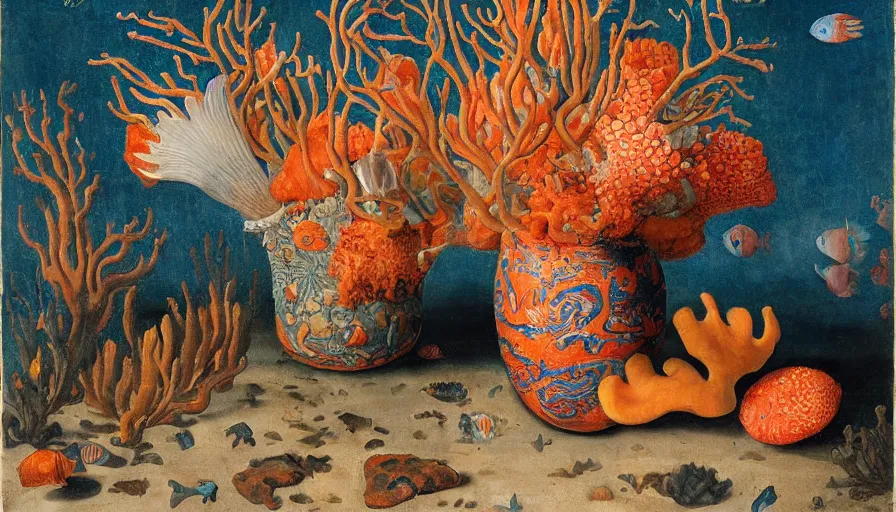 Image similar to bottle vase of coral under the sea decorated with a dense field of stylized scrolls that have opaque outlines enclosing mottled blue washes, with orange shells and purple fishes, Ambrosius Bosschaert the Elder, oil on canvas, hyperrealism, around the edges of there are no objects