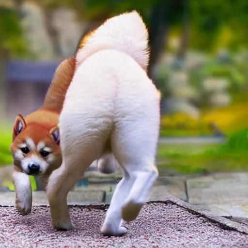 Image similar to shiba inu puppy warrior walks through a dimensional portal,back view, Fantasy Art