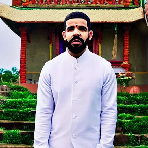 Prompt: photograph of drake the rapper, standing in a hindu kovil