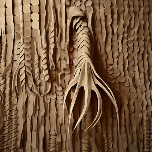 Image similar to tentacles made of brown corrugated cardboard, cut out of cardboard, realistic photography, fantasy