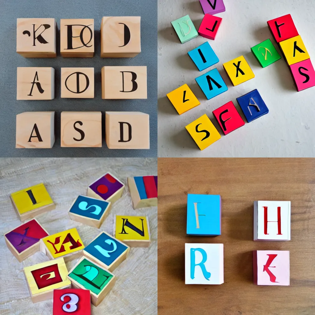 Prompt: Painted wooden alphabet letter blocks