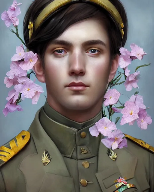 Image similar to a beautiful fine art portrait photo of a military general covered by hibiscus, daffodils, hydrangea, montsera leaves by tom bagshaw and zach sutton, very detailed, artstation, 8 k