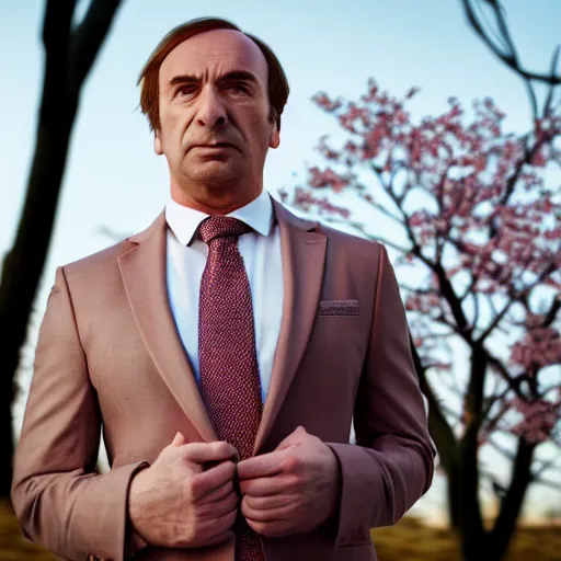 Image similar to saul goodman portrait picture by stefan kostic, golden hour, perfect symmetry, realistic, body shot, sharp focus, 8 k high definition, insanely detailed, intricate, elegant, cherry blossoms