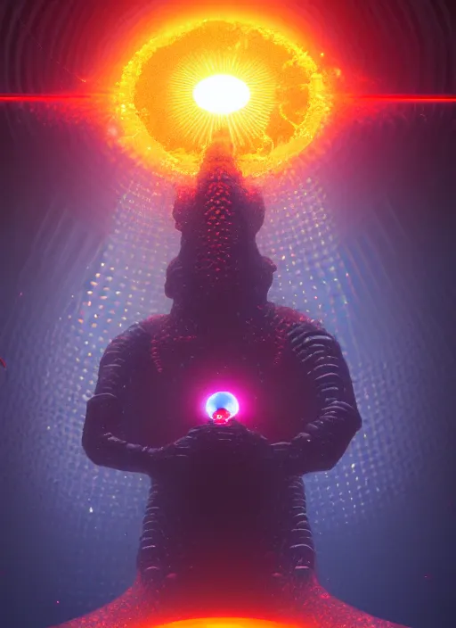 Image similar to the goldfish god at the center of the laser reflection array, dark scifi concept art