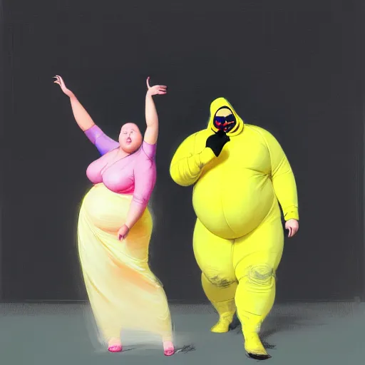 Image similar to a fat man in a yellow hazmat suit and a woman in a pink organza dress both dancing, in a messy laboratory, intricate, elegant, digital painting, concept art, smooth, sharp focus, illustration, from metal gear, by ruan jia and mandy jurgens and william - adolphe bouguereau, artgerm