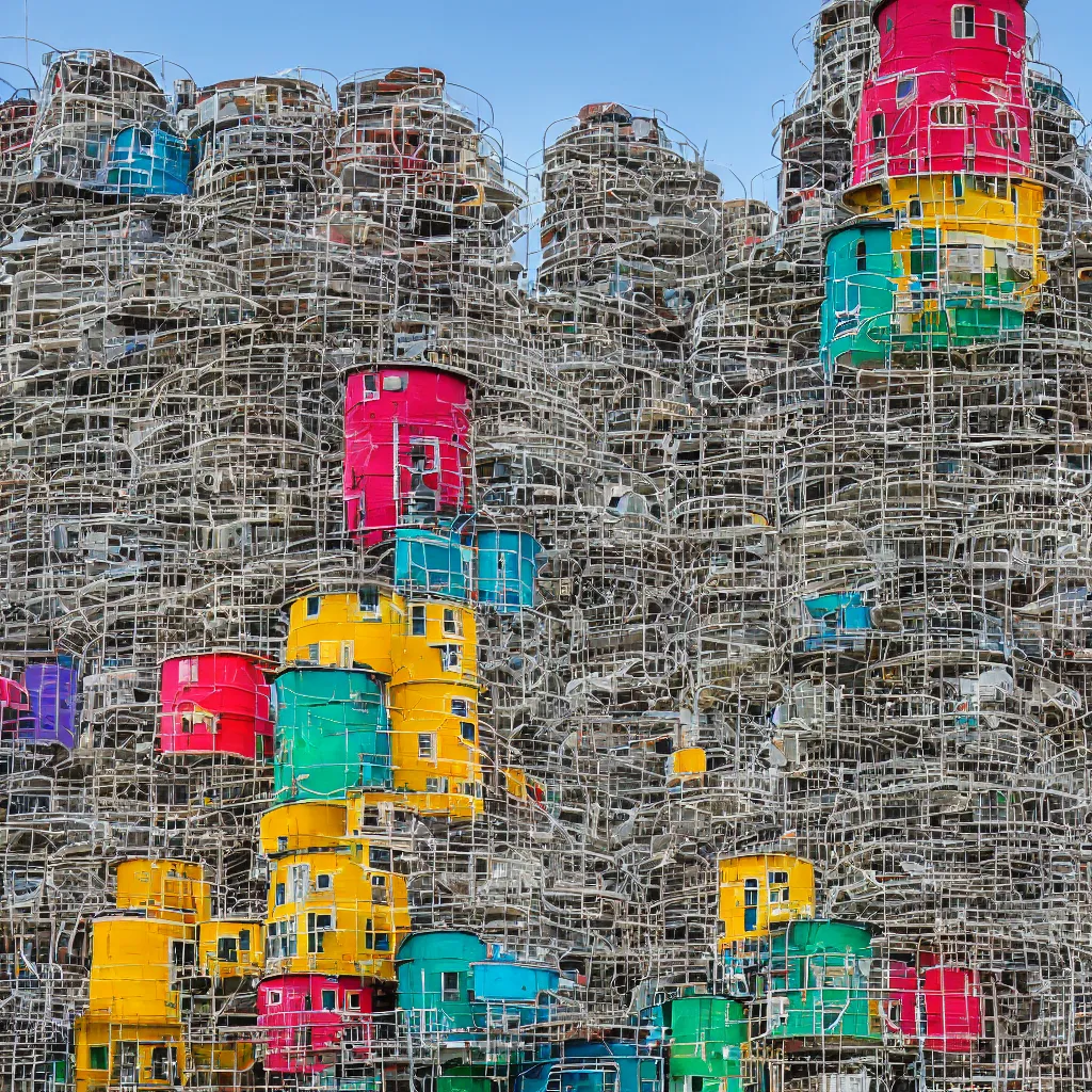 Prompt: a short circular tower, made up of colourful makeshift squatter shacks, vertical blank spaces, dystopia, sony a 7 r 3, f 1 1, fully frontal view, photographed by jeanette hagglund