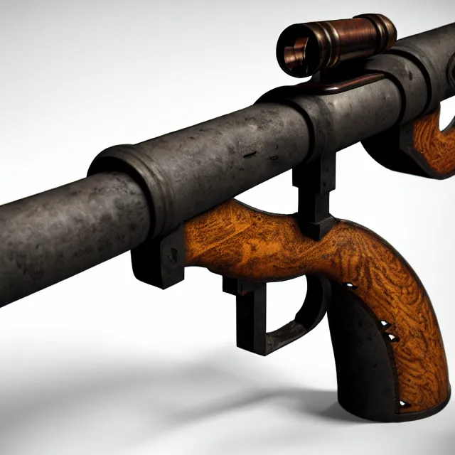 Prompt: wrought - iron cannon gun arquebus with wooden intarsia grip ( ( and telescopic sight ) ), unreal engine, 8 k render