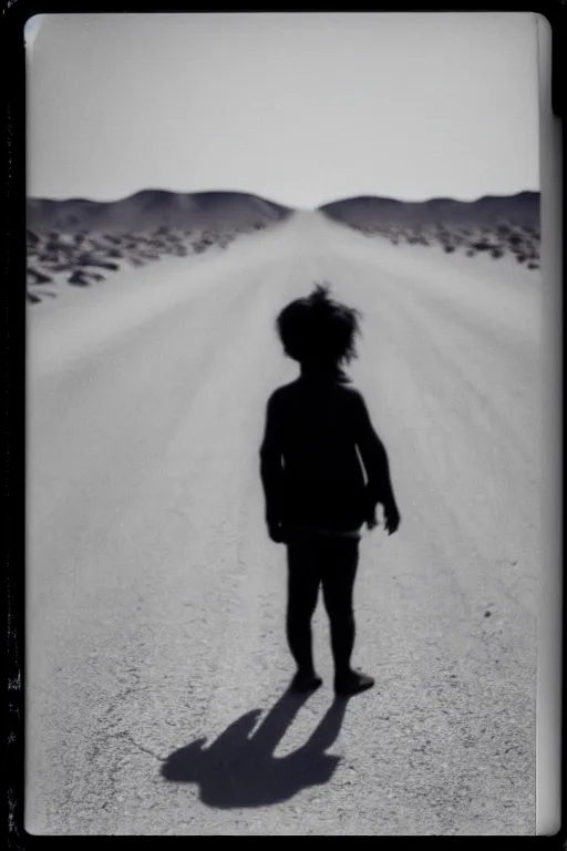 Image similar to photo polaroid of sad and lonely child in the middle of the street, sahara desert, loneliness, black and white ,photorealistic, 35mm film,