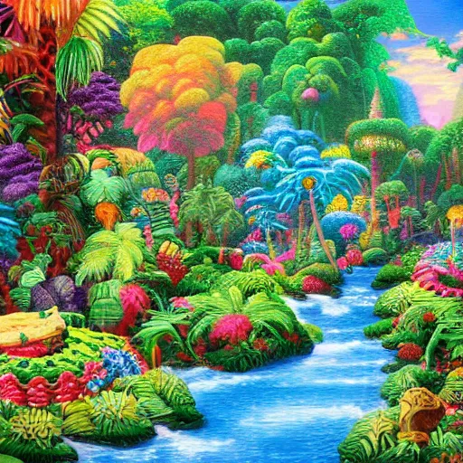 Prompt: a painting of a jungle made entirely out of candy by thomas kinkade and lisa frank